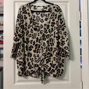 Leopard print lightweight button up sweater with tie hem, size 3X